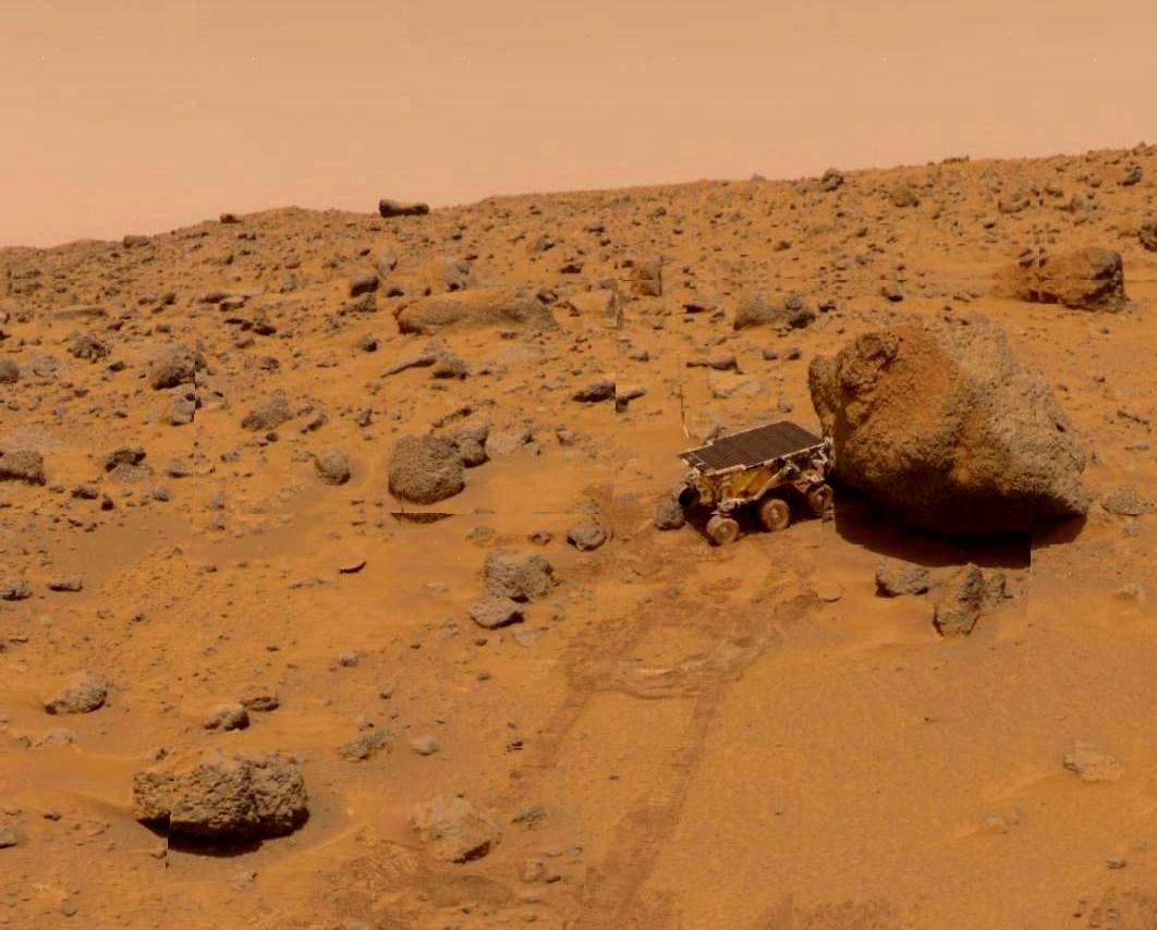 On July 21, 1997, the Mars Pathfinder’s Sojourner rover takes its Alpha Particle X-ray Spectrometer measurement on a rock near the landing site.