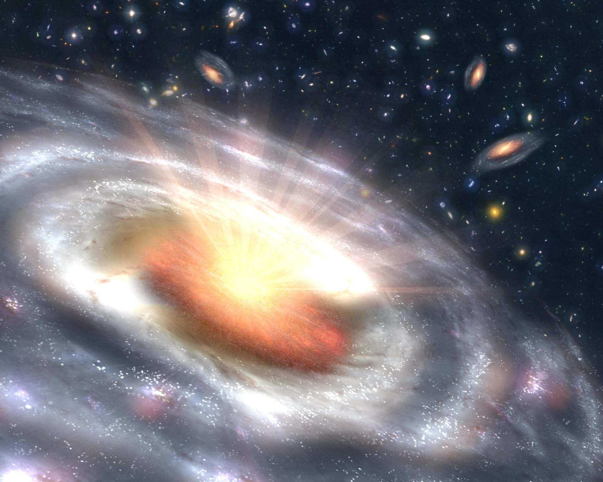 Artist concept of a growing black hole, or quasar, seen at the center of a faraway galaxy.