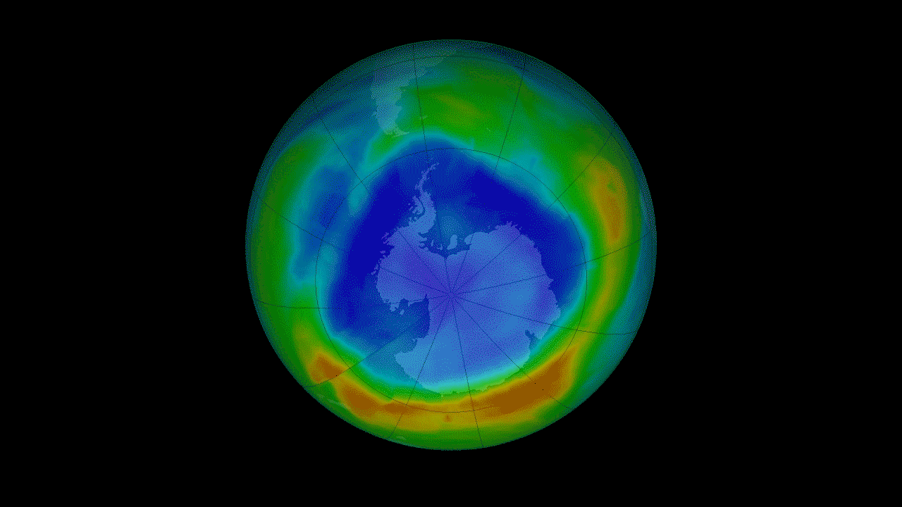Visualization of the minimum concentration of ozone above Antarctica from 1979 to 2013.