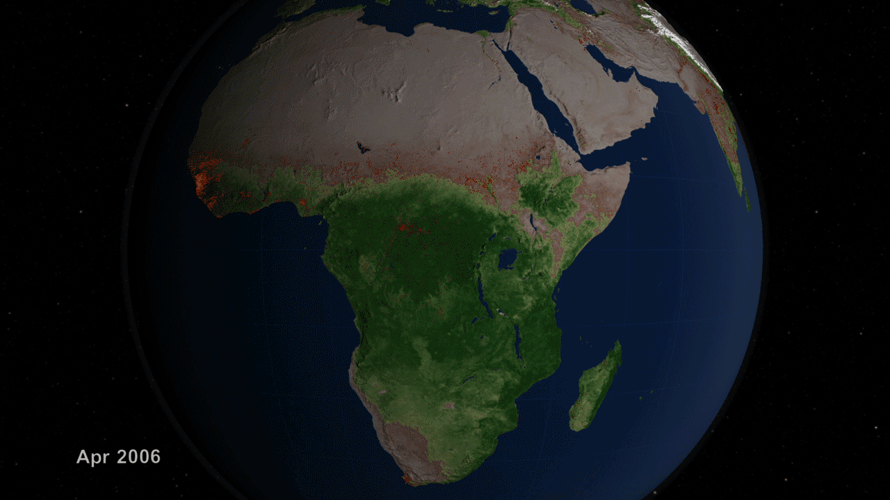 One year of African fires are shown in red over the course of 2006.