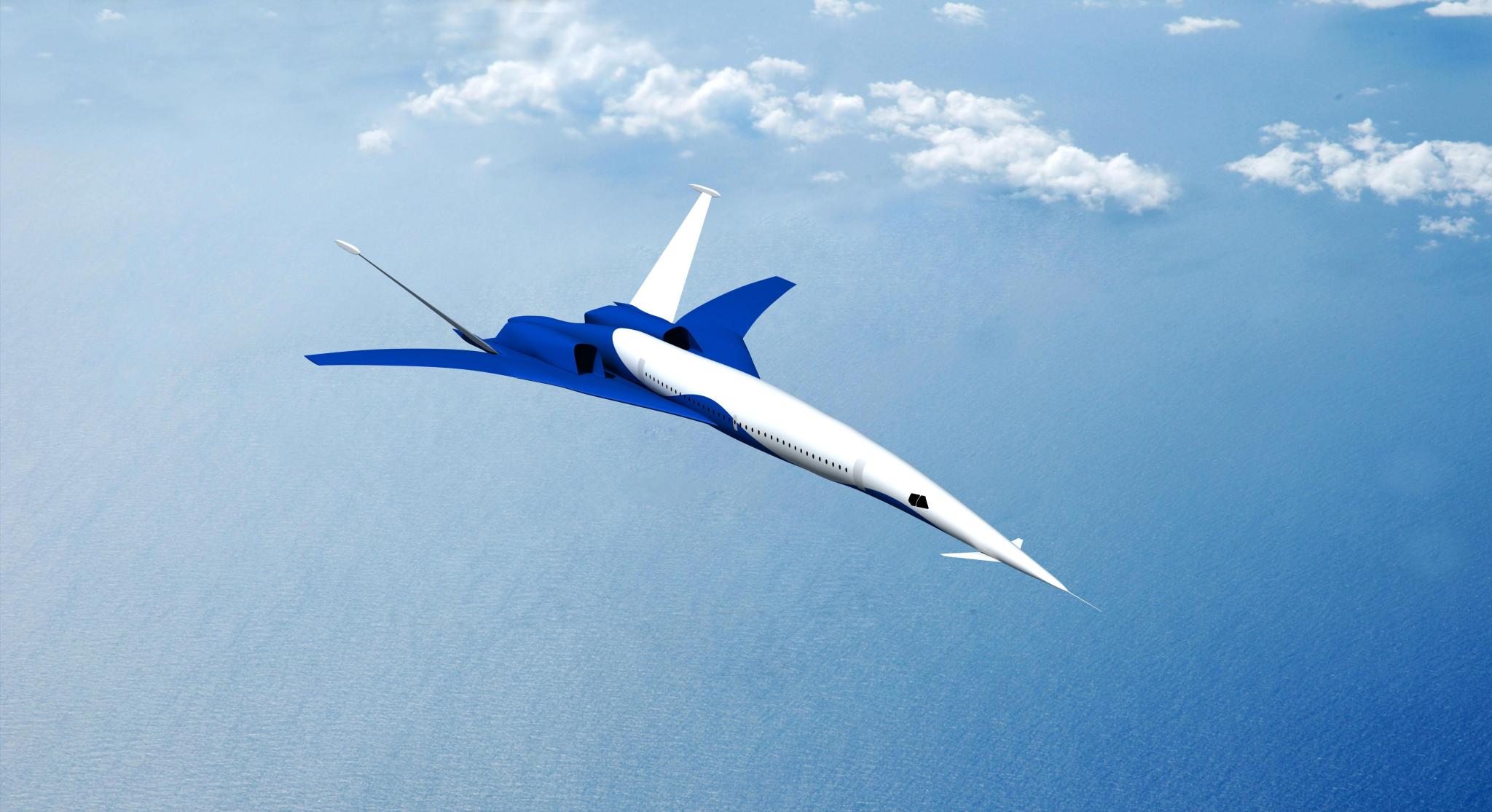 Concept design of blue and white aircraft in flight.