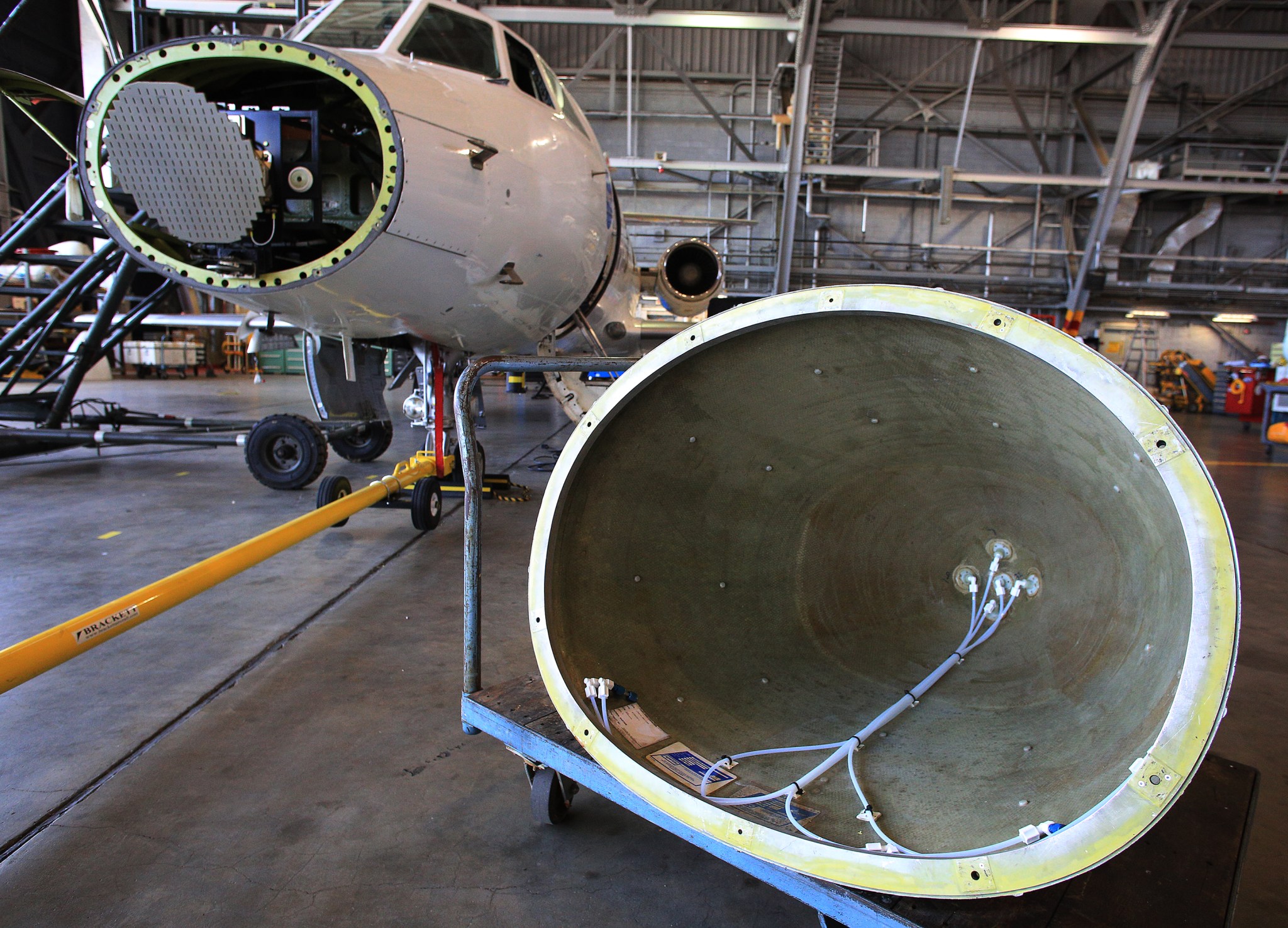 Equipment in the nose of the Guardian will precisely measure wind velocity when the jet flies through the wing tip wake vortices of a DC-8 during ACCESS-II flight tests.