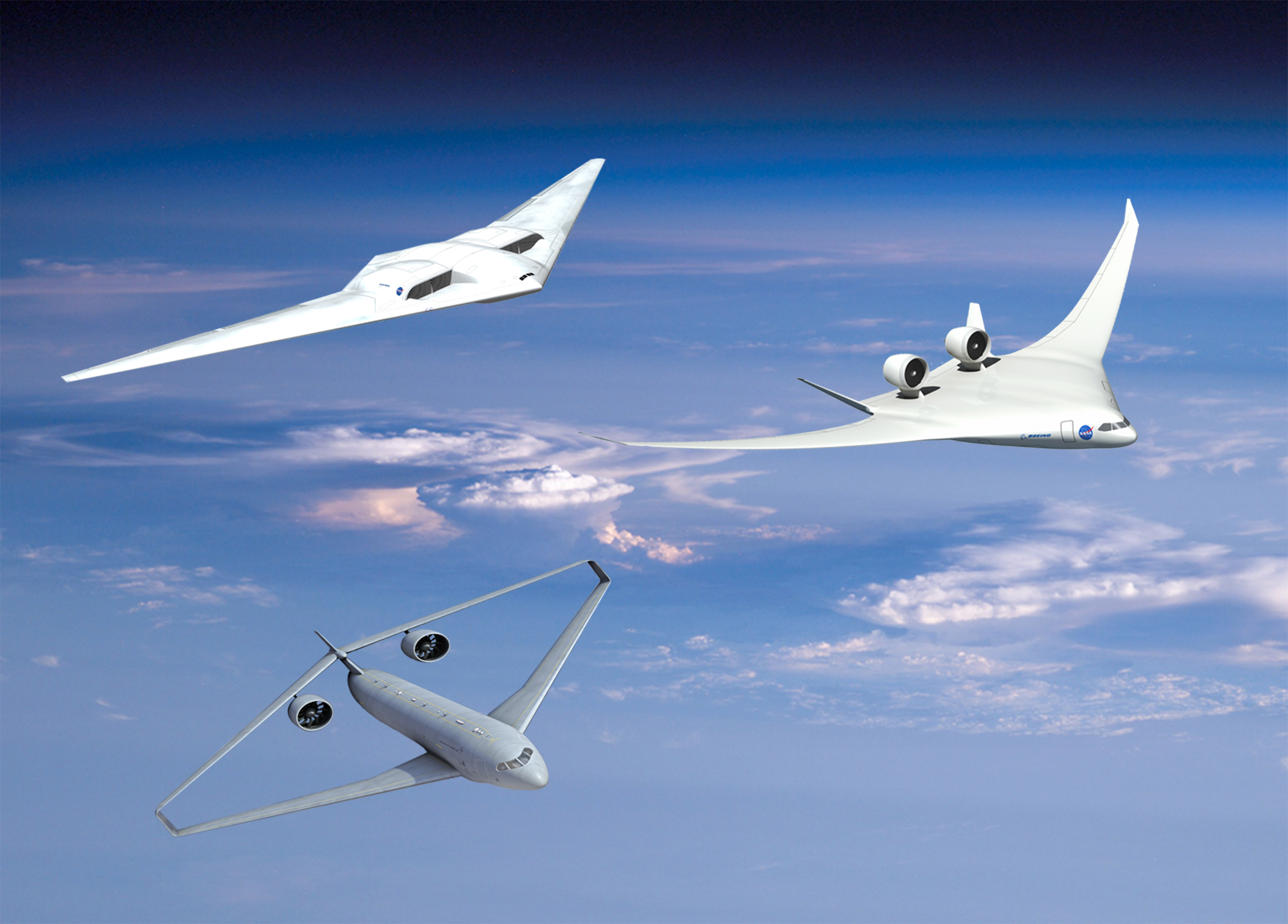 Three artist concept vehicles flying in the sky in formation.