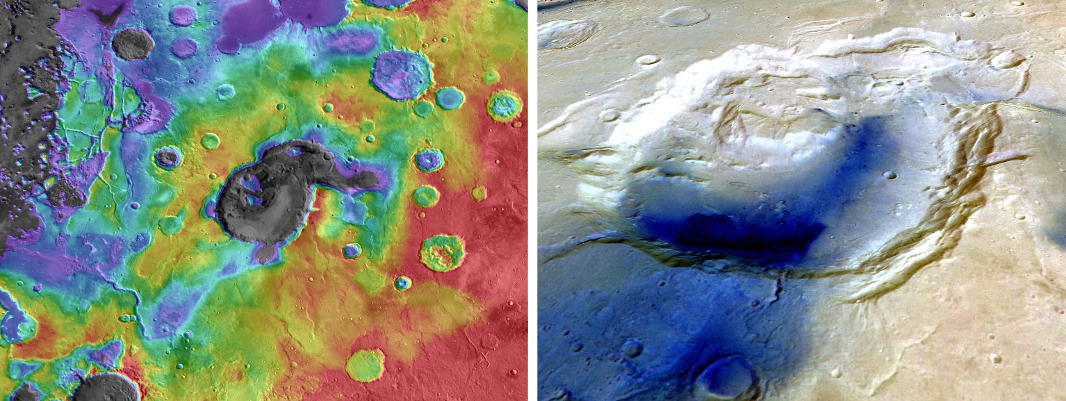 La depressione di Eden Patera su Marte. L&#8217;immagine a sinistra mostra la topografia, che diminuisce dal giallo al blu. Nell&#8217;immagine a destra, i colori sono stati alterati per risaltare il materiale pi&ugrave; recente con un colore scuro. Crediti: NASA.
