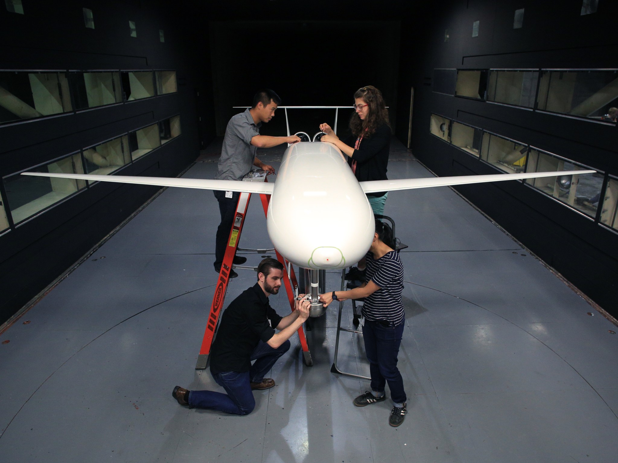 The double bubble D8 airliner concept in the 14 by-22-Foot Subsonic Wind Tunnel at NASA's Langley Research Center.