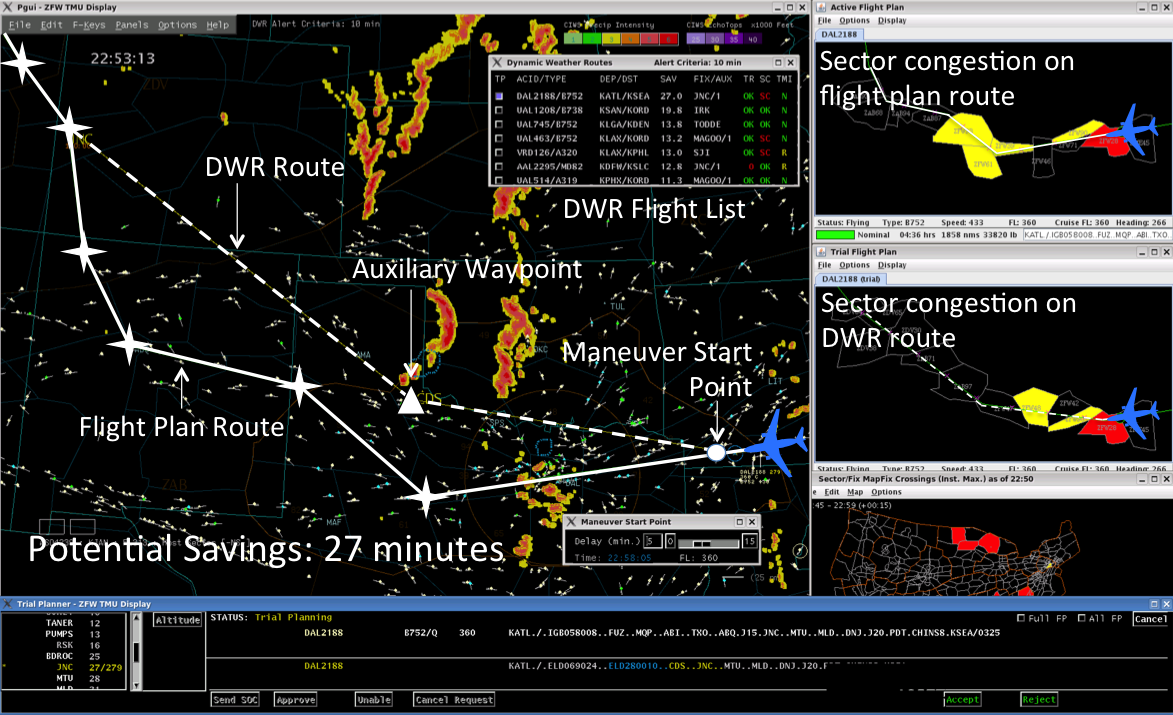 Screen shot of the screen with the Dynamic Weather Routes tool being tested.