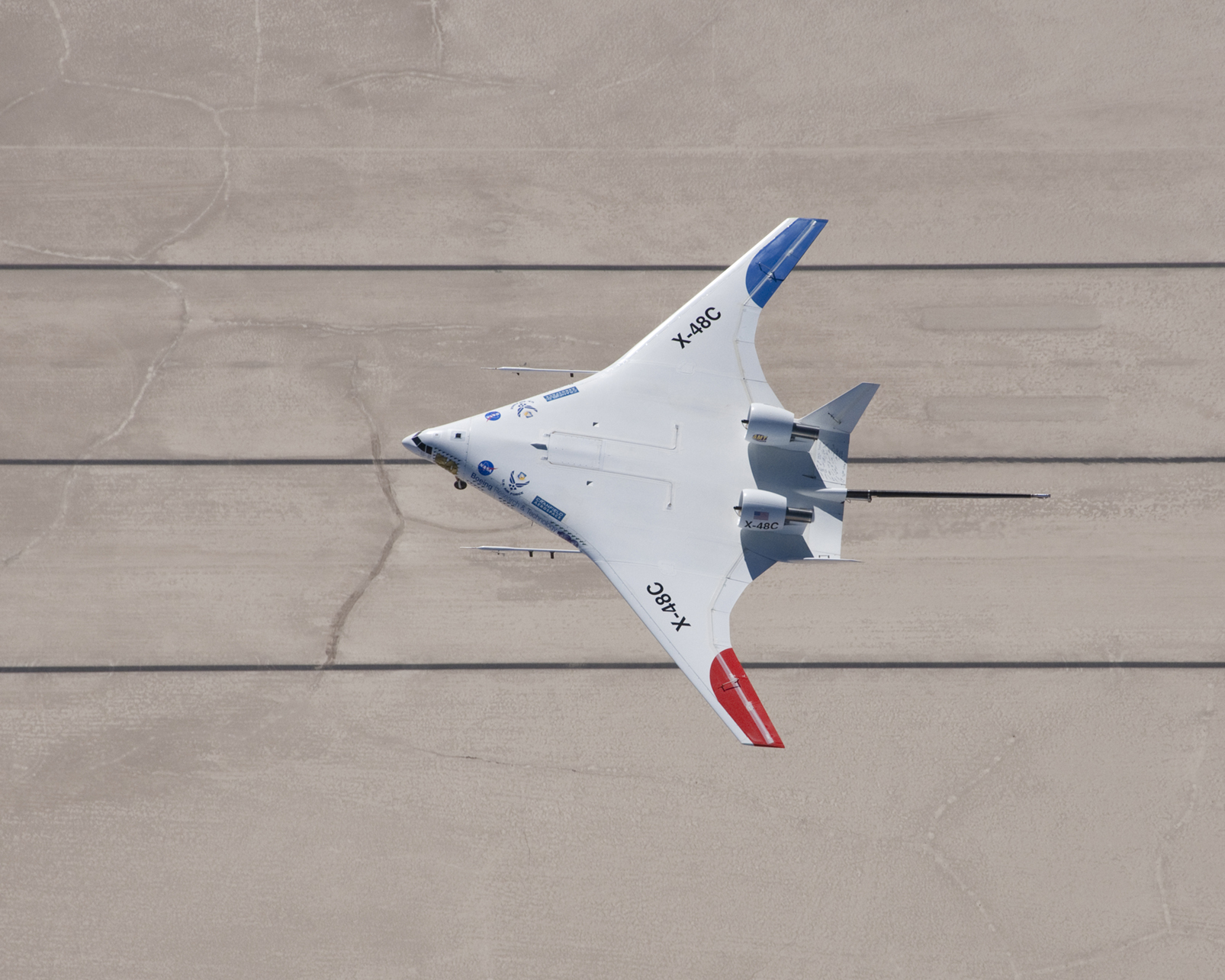 X-48C Hybrid Wing Body aircraft in flight.