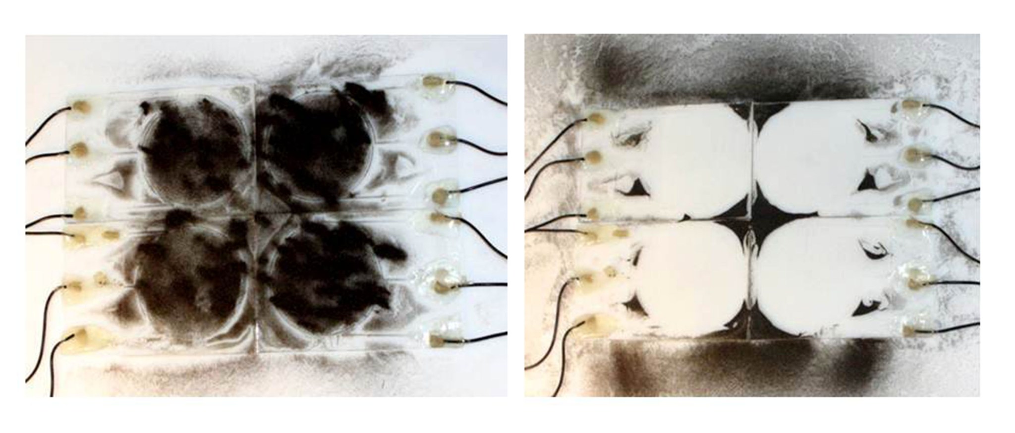 The image on the left shows dust-covered glass. During high vacuum testing, seen on the right, an electric field was created by the electrodynamic dust shield removing virtually all the debris.