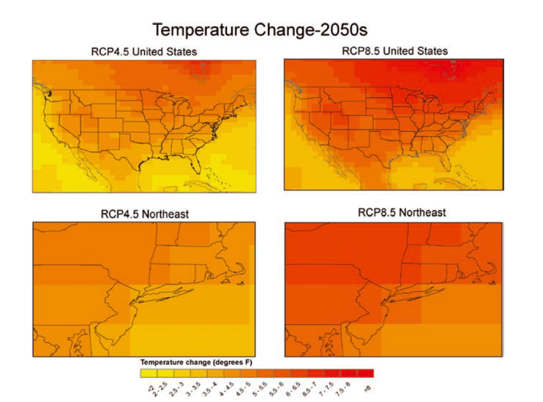 Map of annual temperature changes in the Northeast in 2050.