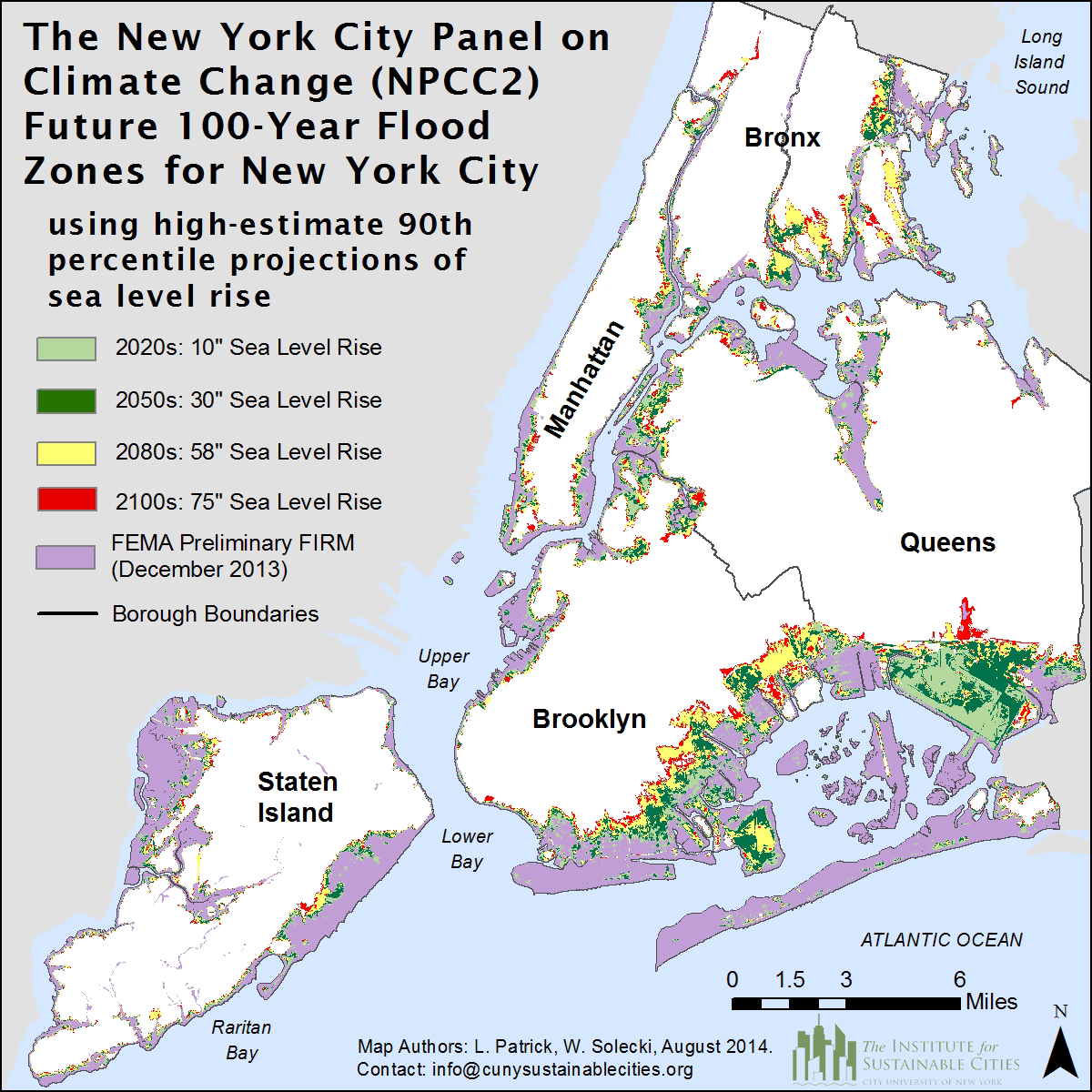 Future 100-year flood zones for New York City based on the high-estimate 90th percentile NPCC2 sea level rise scenario.