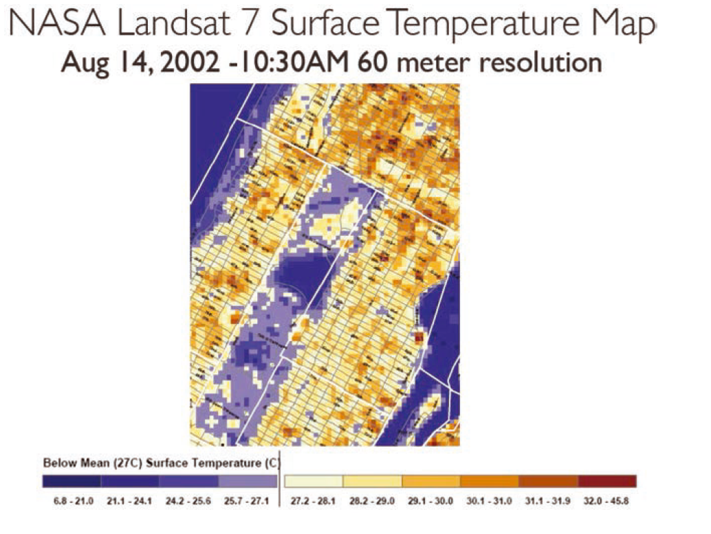 NASA LANDSAT surface temperature map of mid-town Manhattan with Central Park in the center.
