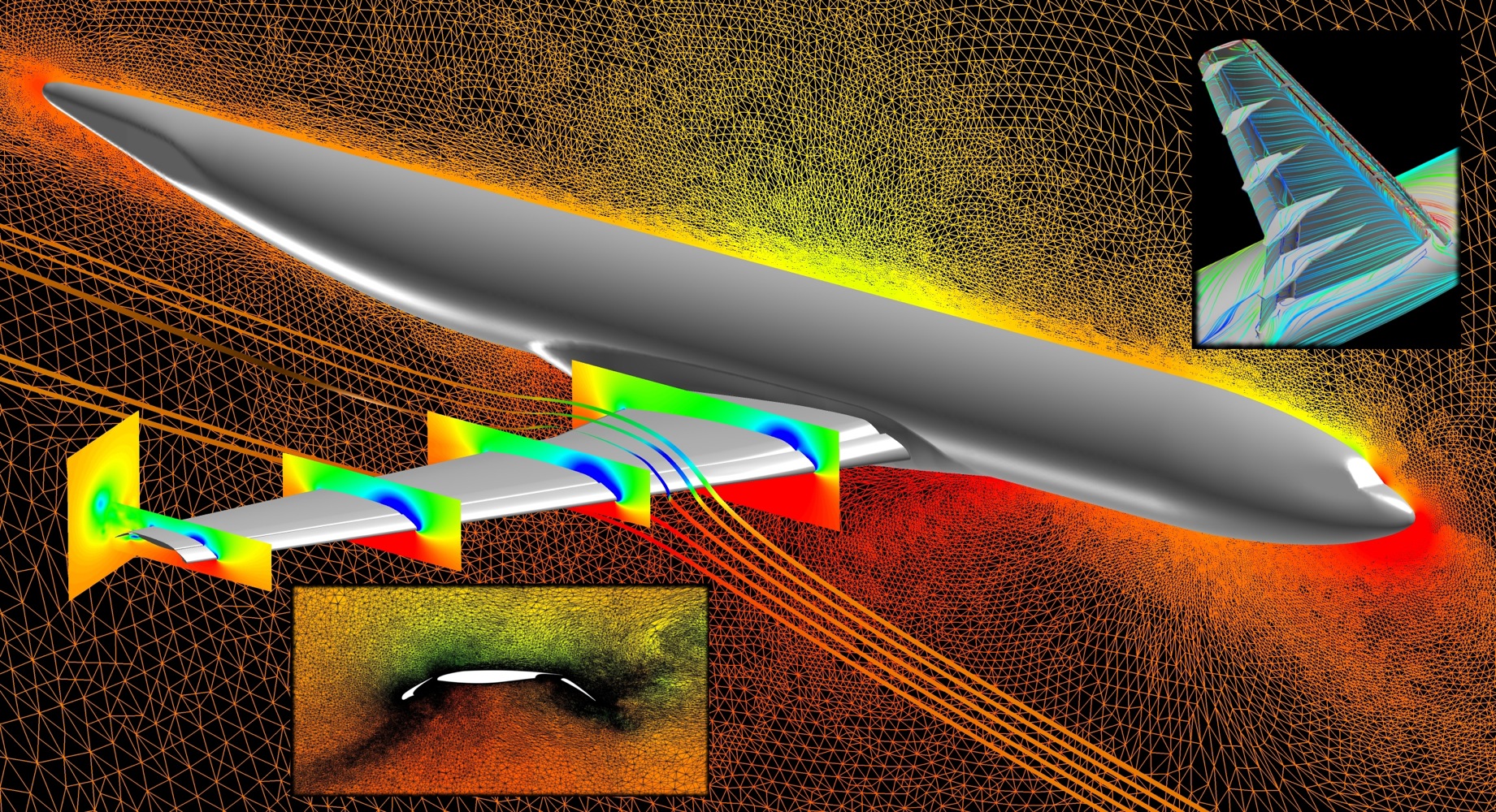 CFD visualization of an aircraft in a high-lift configuration.