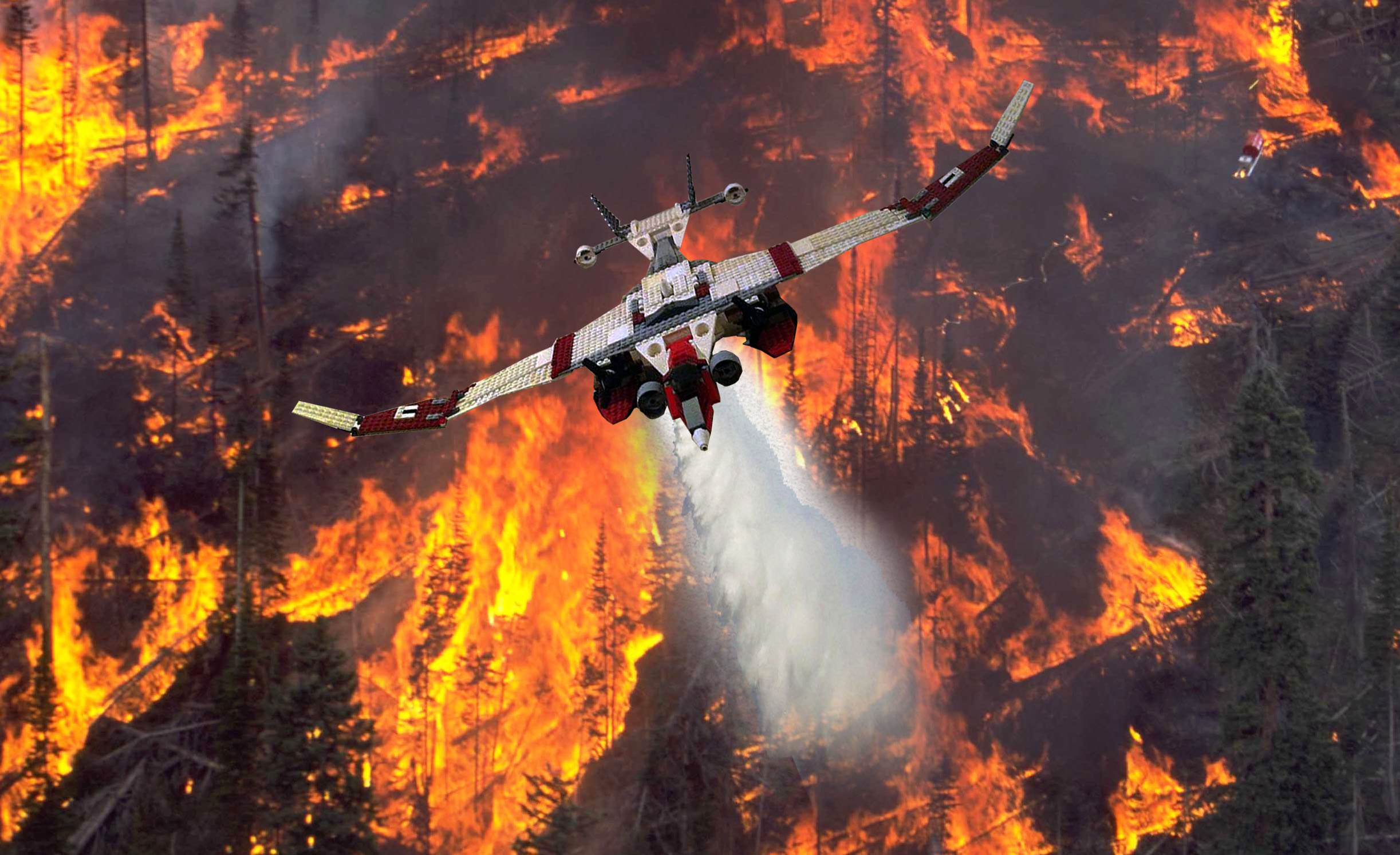 Artist composite of a supertanker lego aircraft putting out a wildfire.