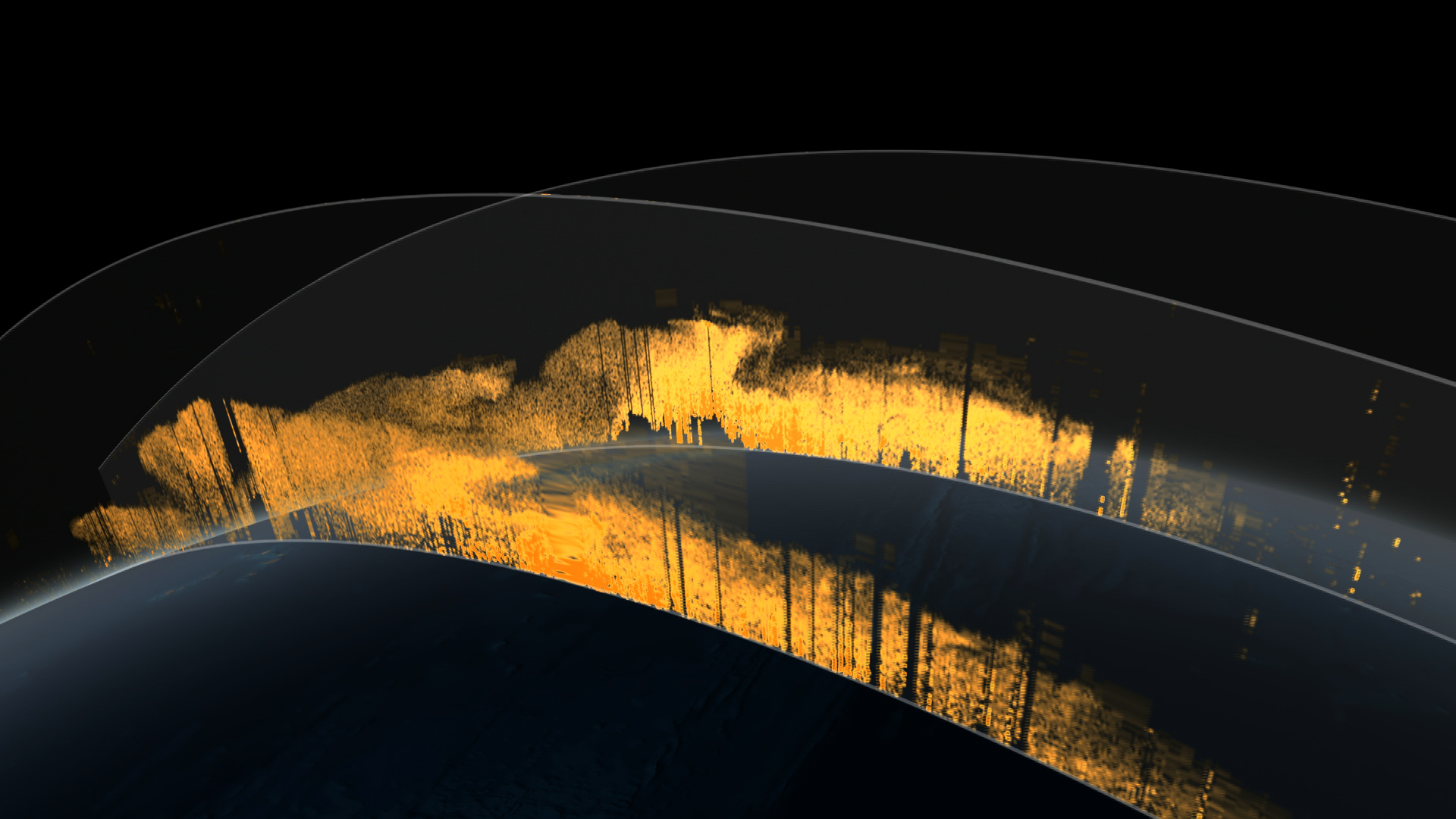 depiction of CALIPSO satellite's lidar instrument reading pulses of light bounced from atmospheric particles