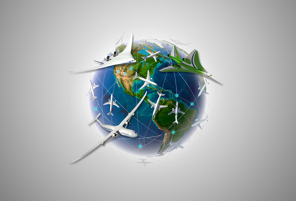 Illustration of the earth with airplane concepts flying around it.