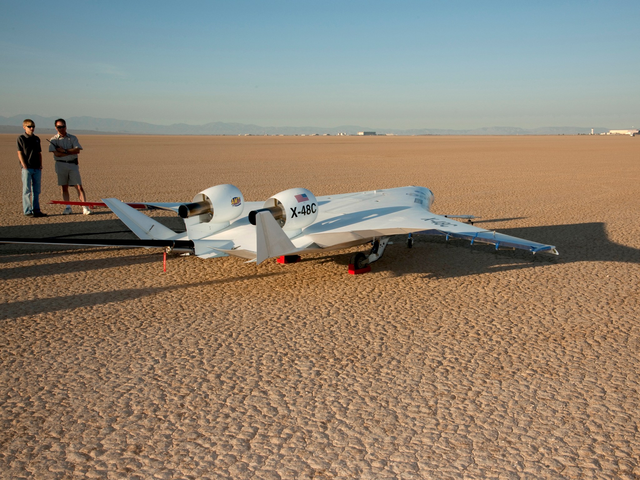X-48C Blended Wing Body parked in the desert.