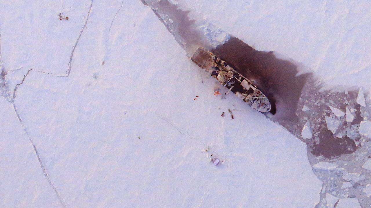 The view from IceBridge's C-130 of the Norwegian research vessel R/V Lance.