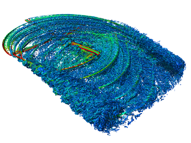 In this image, a CFD simulation of a Black Hawk helicopter rotor in forward flight shows blade vortex interaction and the larges