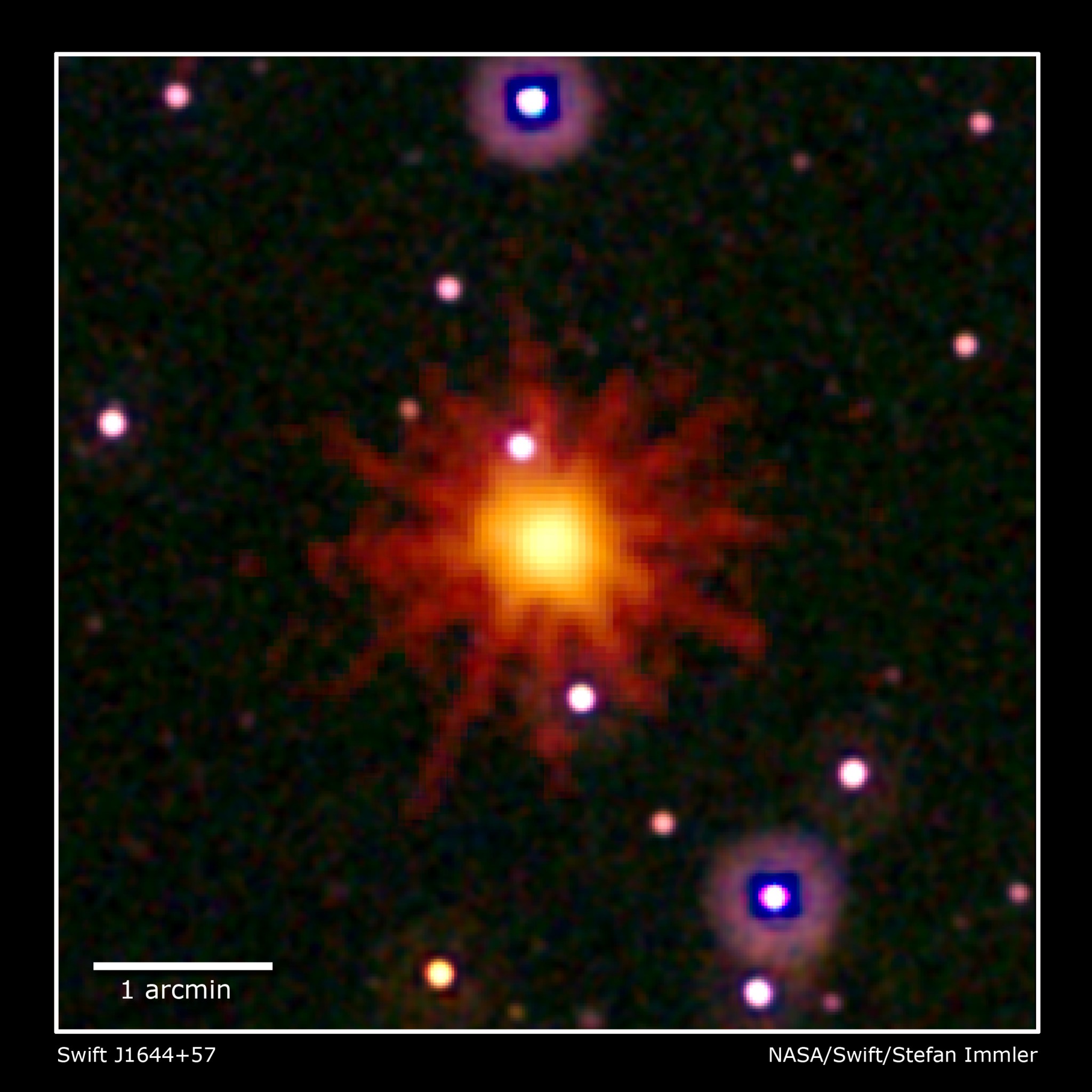 combined view of Swift J1644+57 with Swift's Ultraviolet/Optical (white, purple) and X-Ray telescopes (yellow and red)