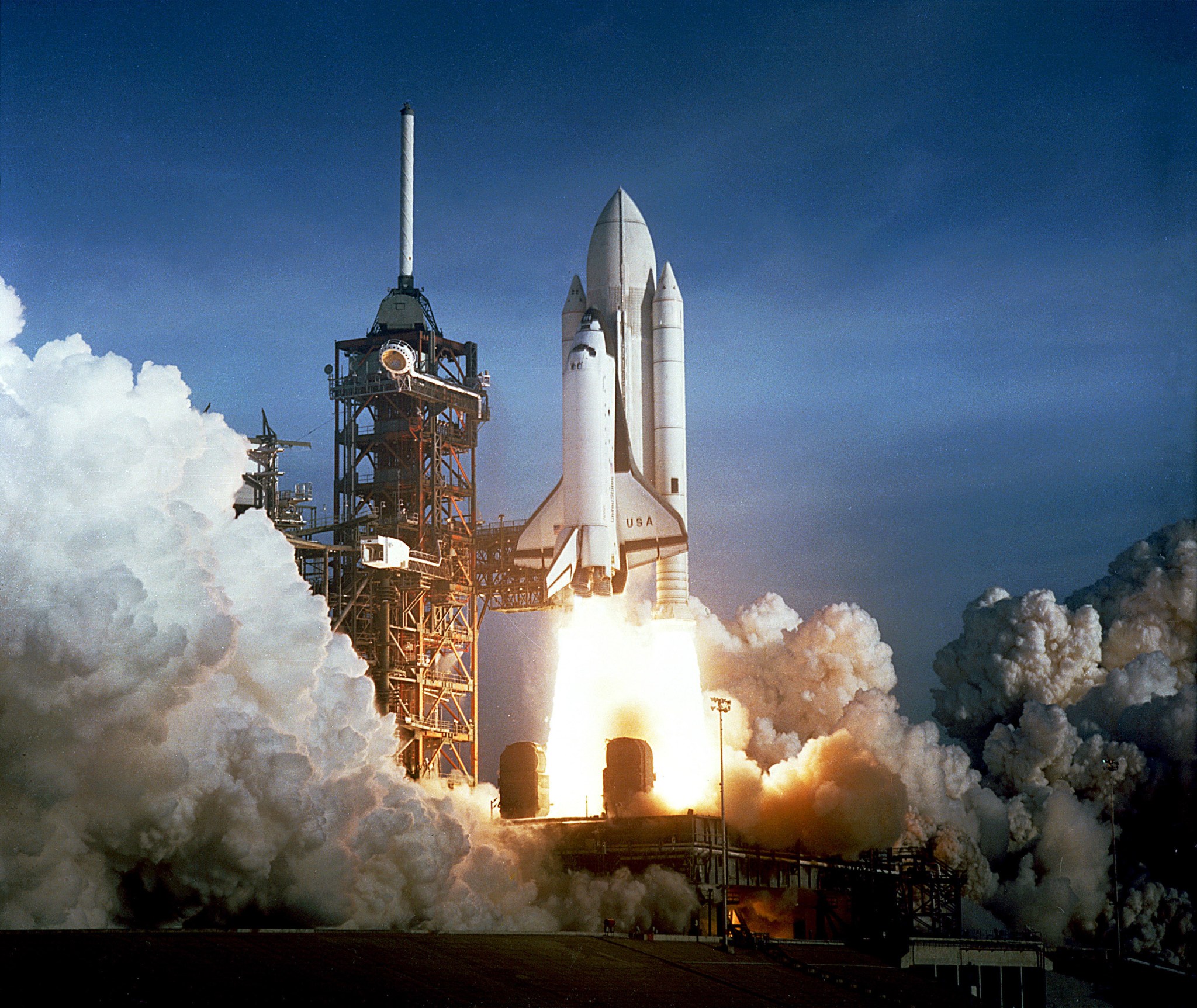 Launch of shuttle Columbia on STS-1 mission.