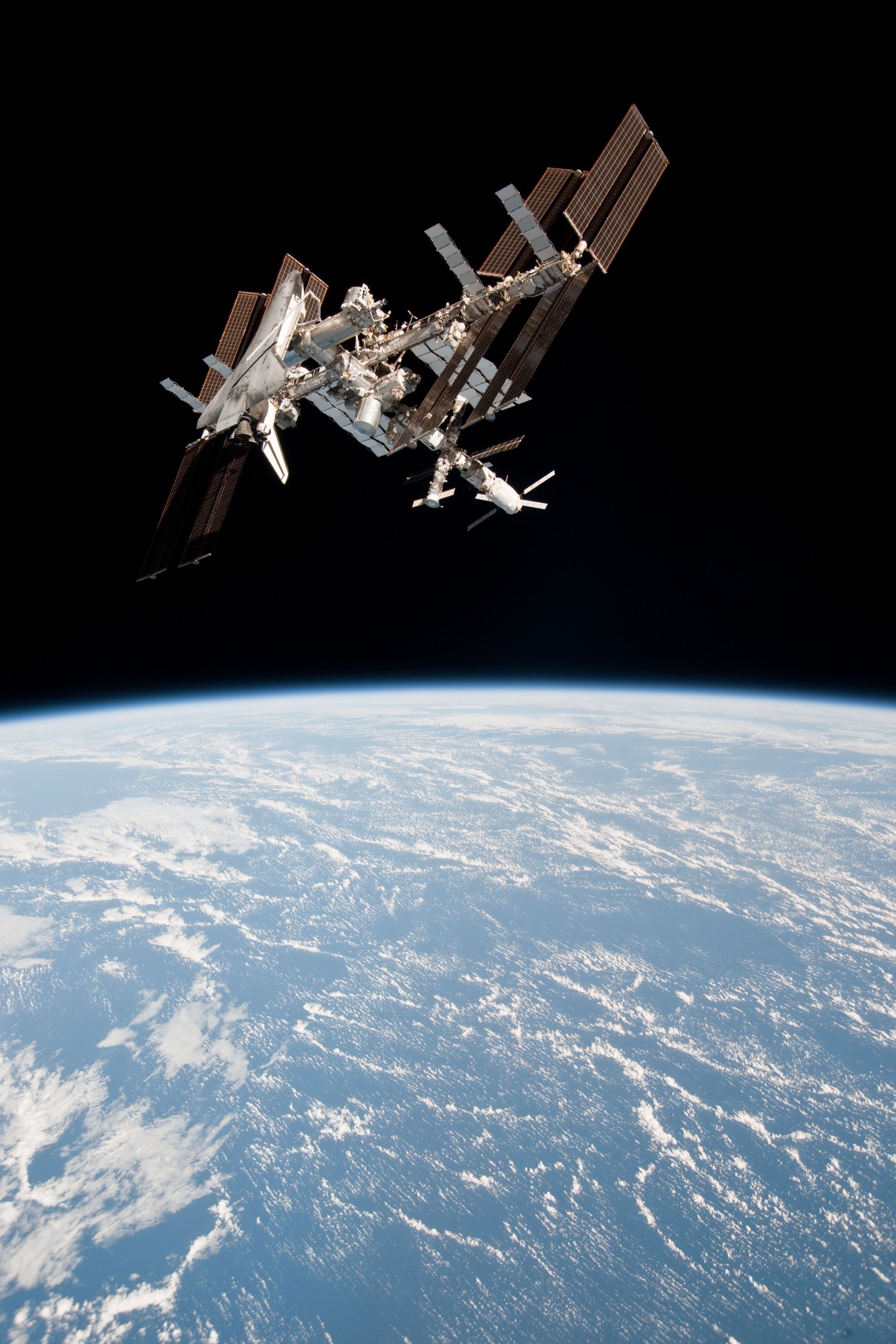 Space shuttle Endeavour docked to the International Space Station during STS-134.