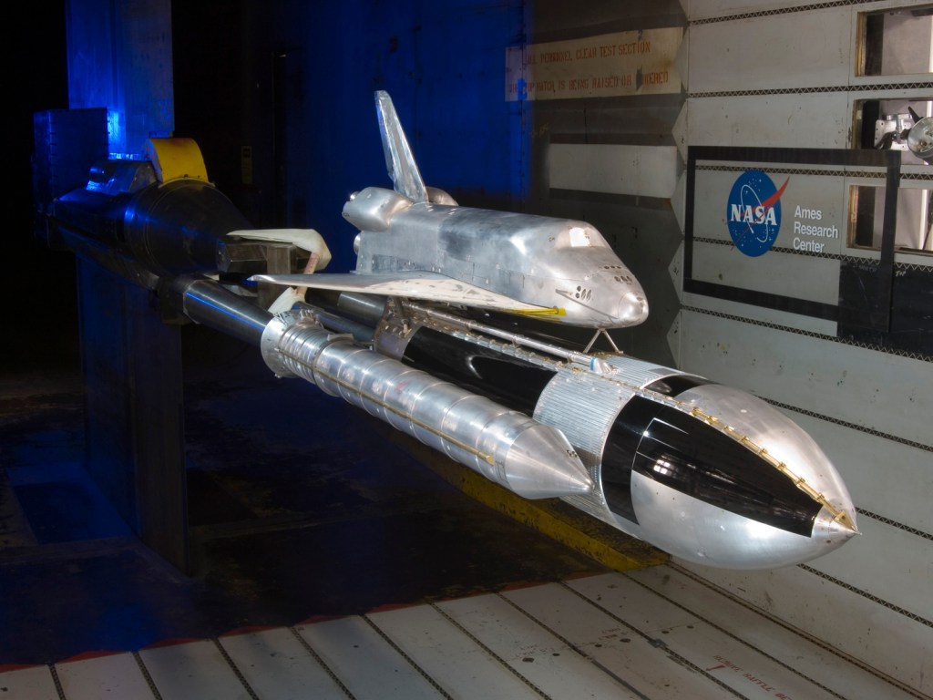 model of Space Shuttle and rocket in a wind tunnel