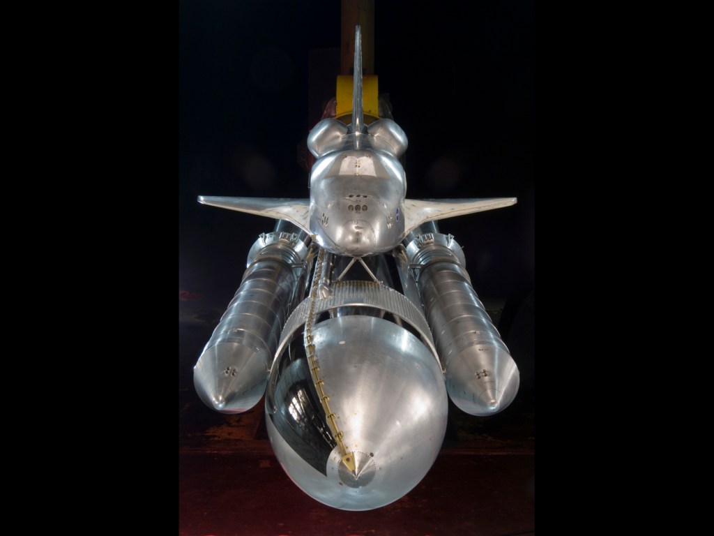 model of Space Shuttle and rocket in a wind tunnel