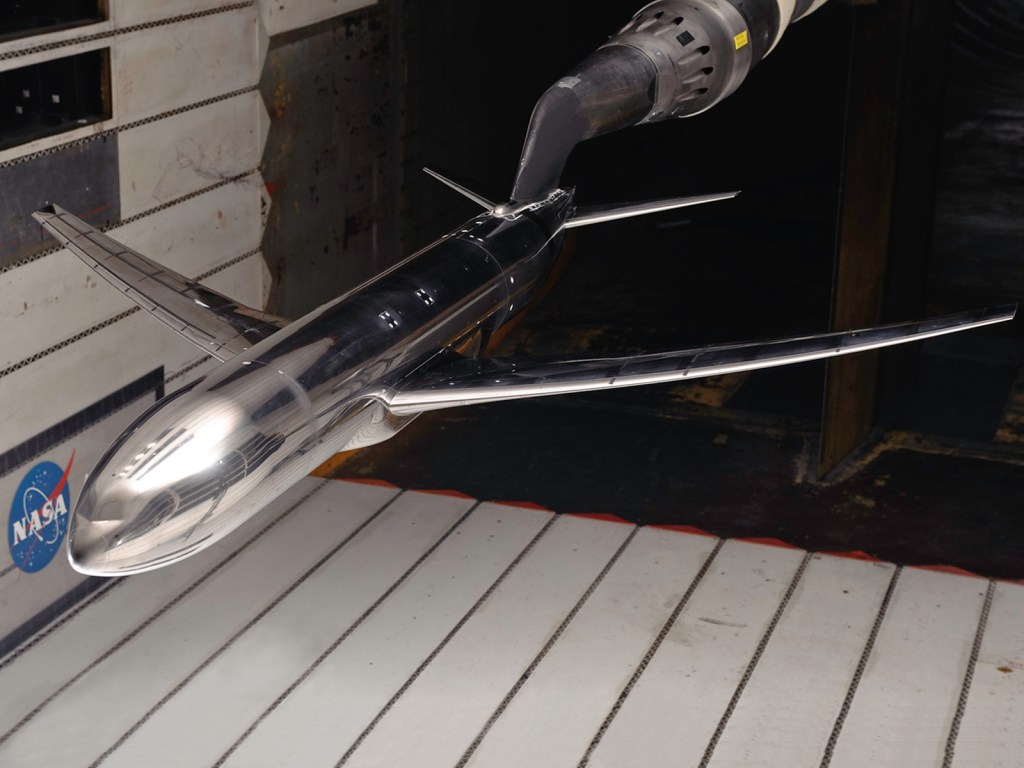 model of generic transport airplane in wind tunnel