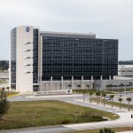 An aerial view of the Central Campus Headquarters Building in the industrial area at NASA’s Kennedy Space Center in Florida.