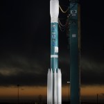 A United Launch Alliance Delta II rocket, carrying the JPSS-1 satellite, stands ready for launch at Vandenberg Air Force Base.