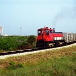 A NASA railroad train moves past Launch Pad 39A at NASA's Kennedy Space Center in Florida.