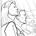 A coloring sheet of launch directors inside the Launch Control Center.