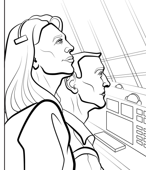 A coloring sheet of launch directors inside the Launch Control Center.