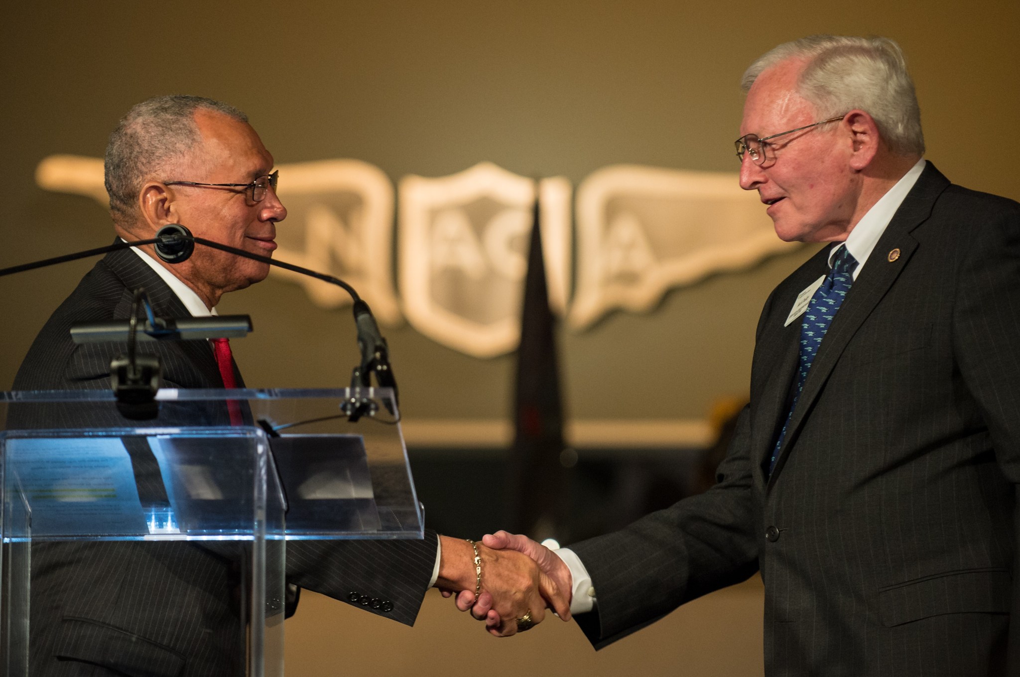 NASA Administrator Charlie Bolden (L) and Jack Dailey of the National Air and Space Museum 