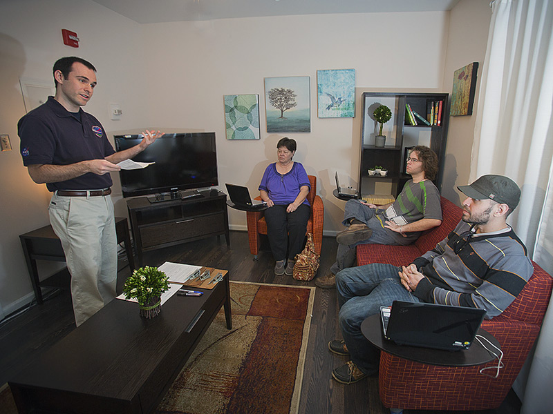 Jonathan Rathsam speaking with noise testers.