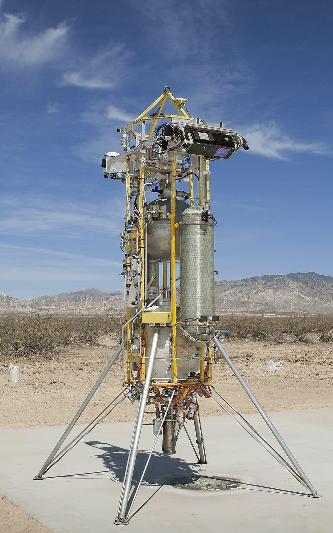 Astrobotic Technology's autonomous landing system is mounted atop Masten Space Systems' Xombie vehicle prior to launch in the desert