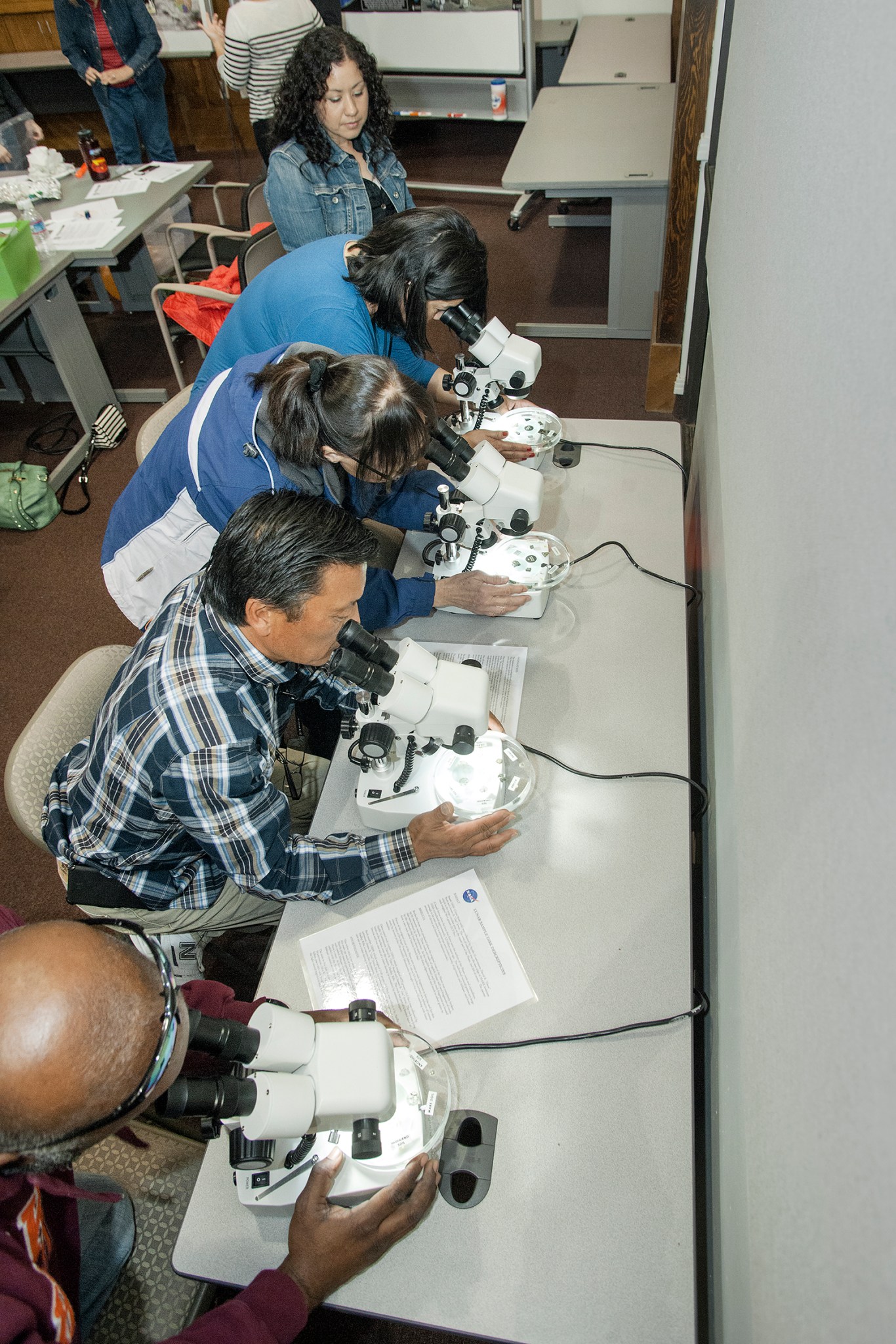 Educators are checking out the lunar and meteorite samples through microscope