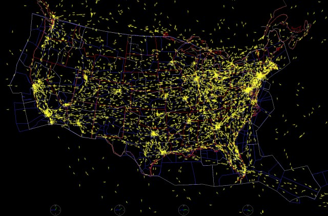 Facet image showing airplanes in flight across the United States.