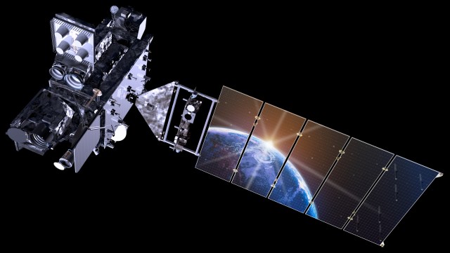 Illustration of the GOES-R spacecraft. It has a rectangular silver body with a gold solar panel extending from one side. The limb of Earth is reflected in the solar panel.
