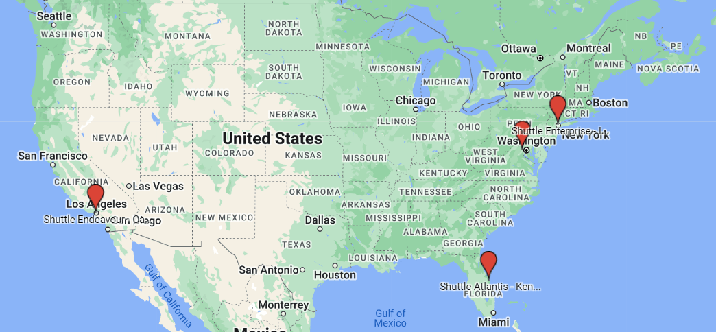 Map of the United States with red dots indication location of the shuttles
