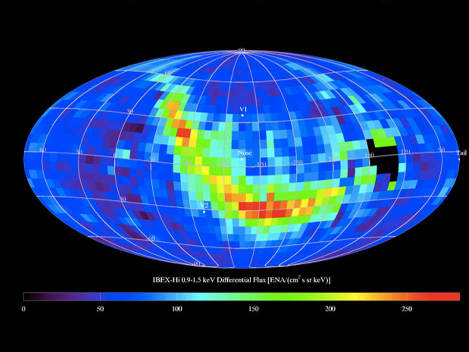 A globe-like map shows the heliosphere, as viewed by IBEX. A green ribbon snakes diagonally across the map. 