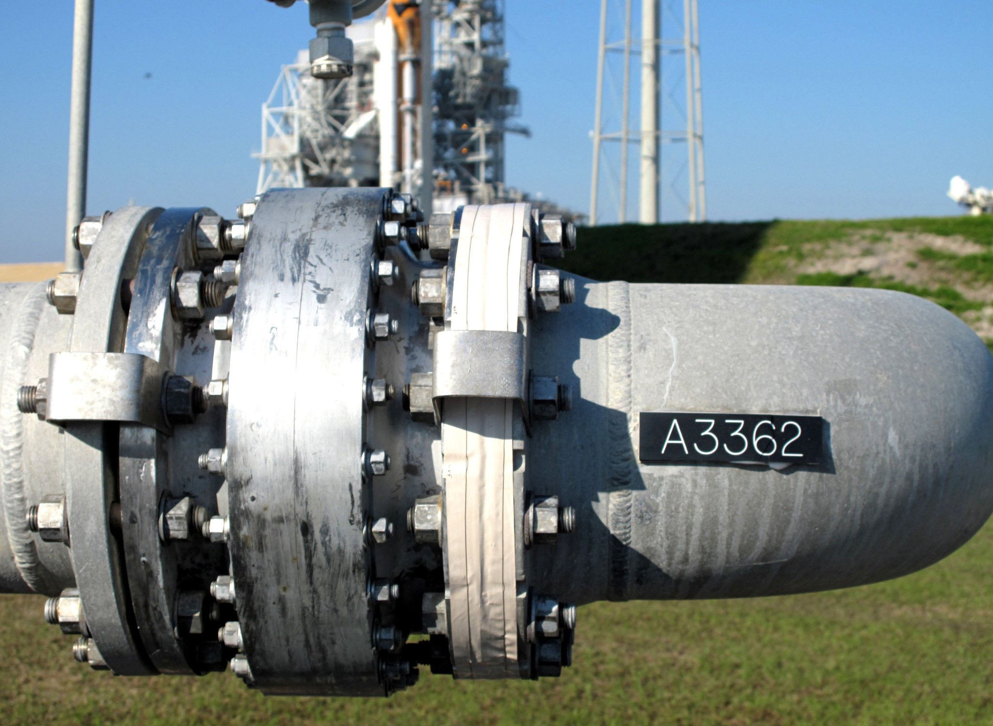 A liquid hydrogen feed line at Kennedy Space Center's Launch Pad 39A.