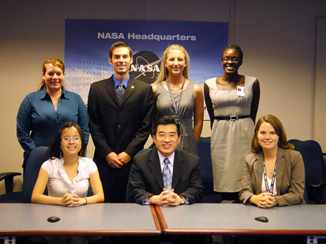 Six aeronautics students from NASA's Langley, recently traveled to NASA Headquarters to meet Dr. Jaiwon Shin.