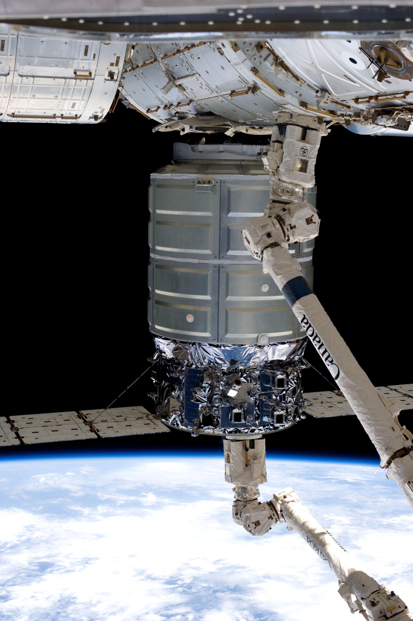 A Cygnus spacecraft docked to the International Space Station.