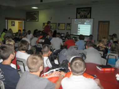 Students at Raceland-Worthington High School stayed after school to participate in the online chat with NASA pilot Herman Posada