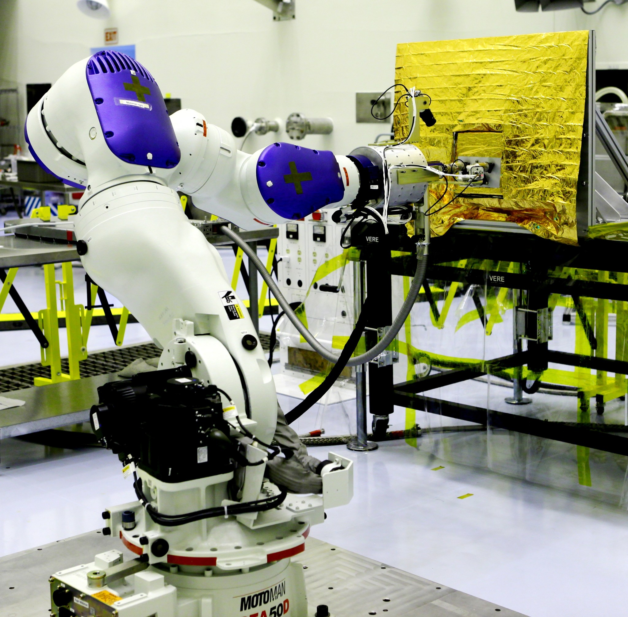 The Remote Robotic Oxidizer Transfer Test, or RROxiTT, robot mimicked how future servicing satellites could transfer oxidizer to a satellite needing refueling.