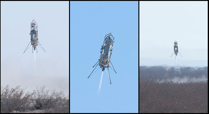 Triptych of vehicle lifting off in barren landscape, titled slightly against blue sky, and landing vertically in a similar landscape but different location