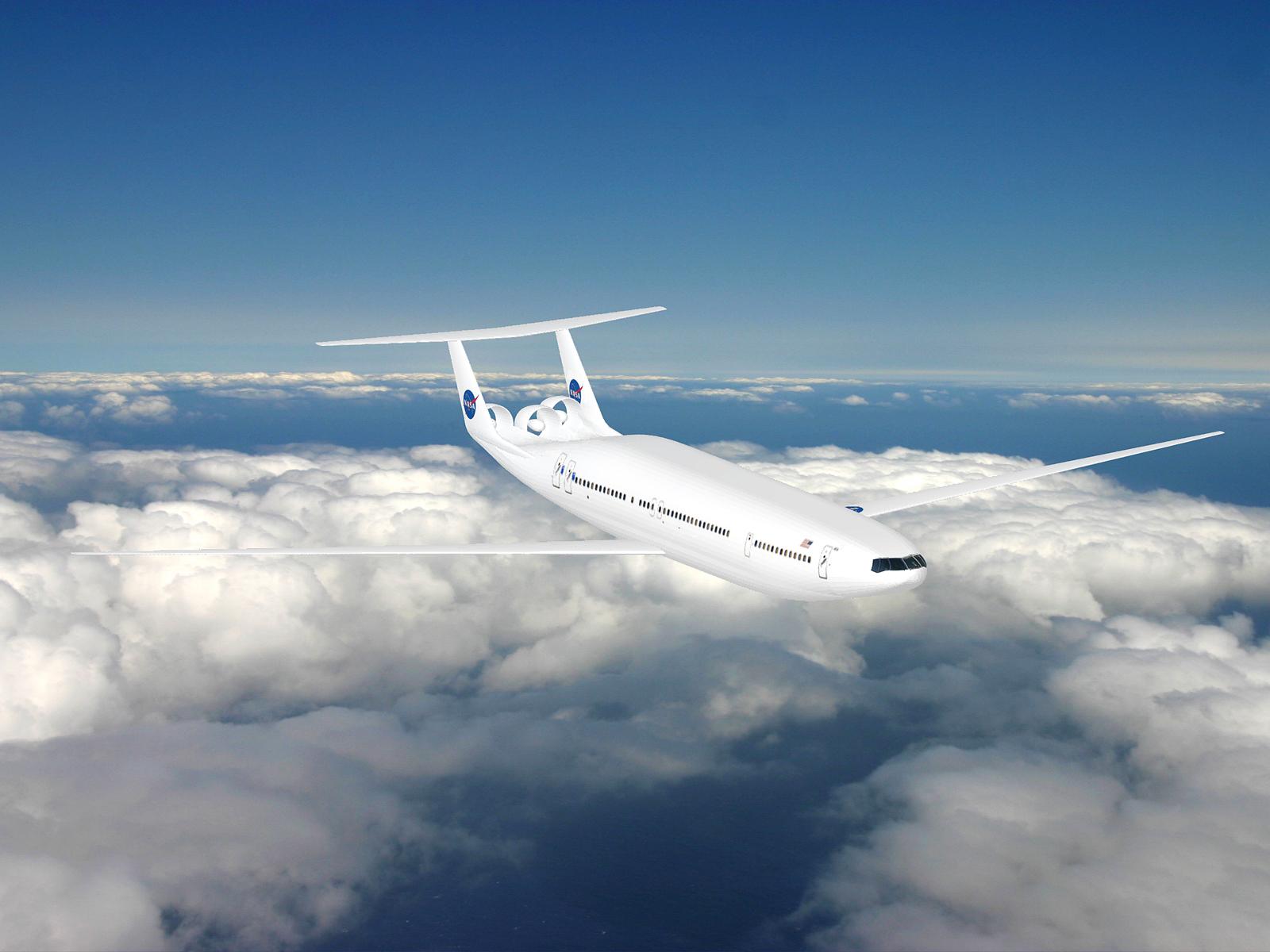 Artist illustration of a D8 (Double Bubble) aircraft in flight above the clouds