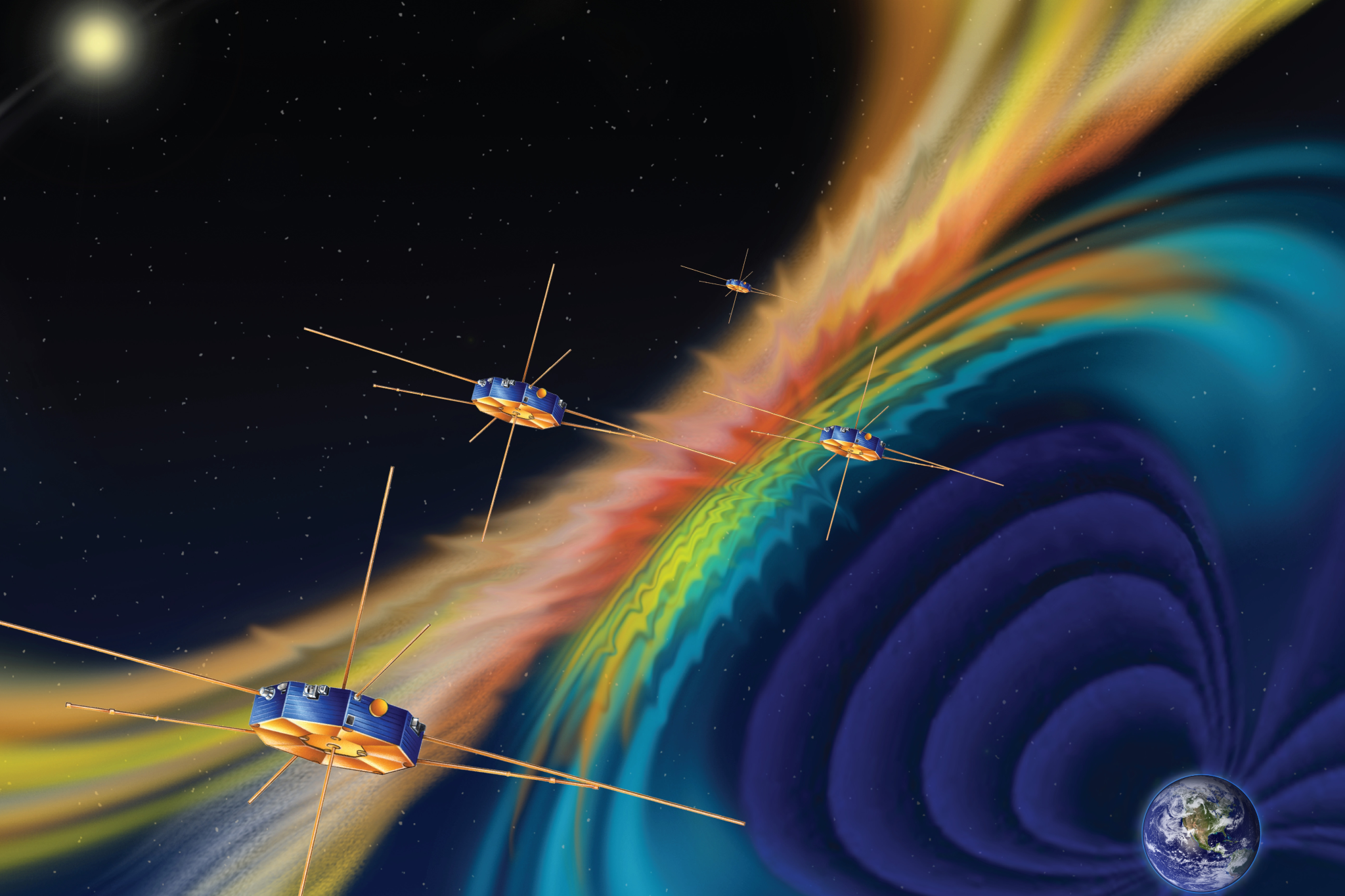 artist's concept of the MMS observatory fleet with rainbow magnetic lines