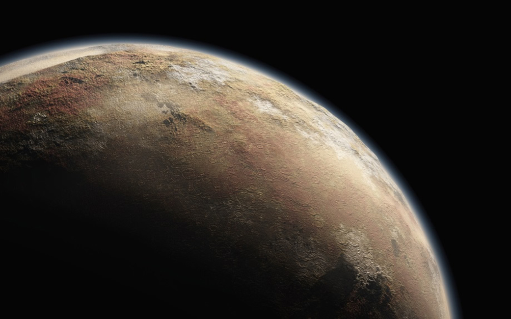 Artist’s impression of Pluto, with its wispy atmosphere. 